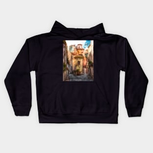 narrow street with colorful houses and children Kids Hoodie